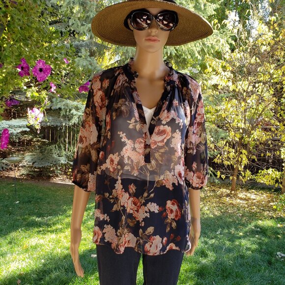 BELLATRIX, 3/4 sleeve floral navy/pink blouse - Picture 5 of 7